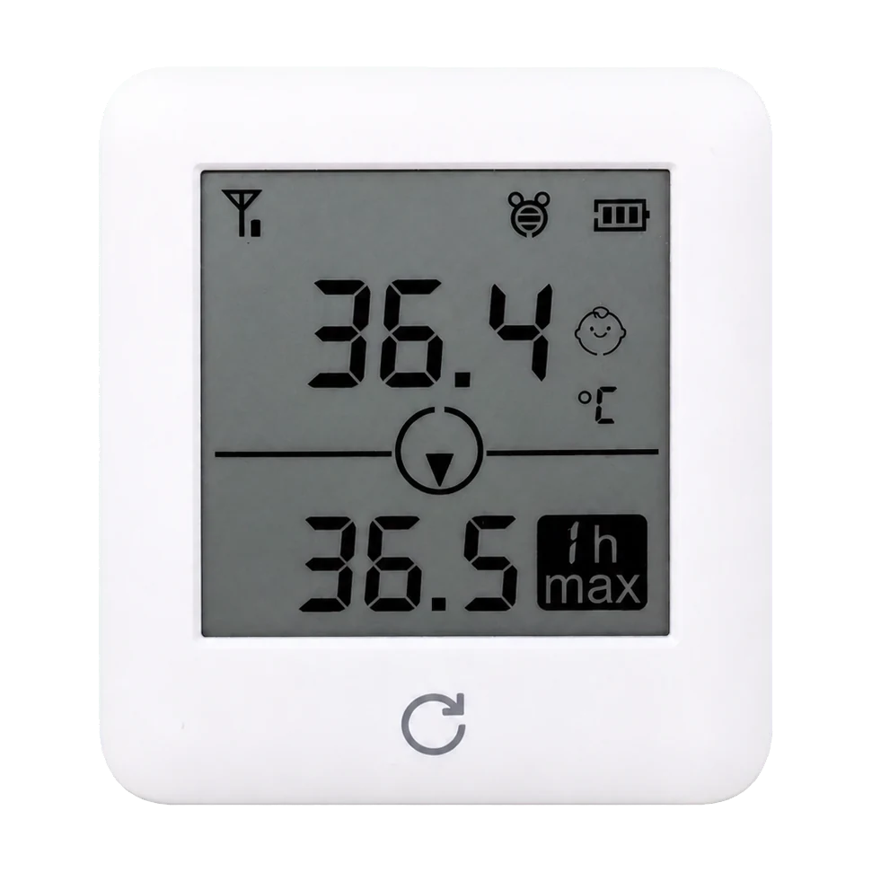 Front view of the OnCorva bedside temperature monitor showing the current body temperature and the one-hour maximum on one screen