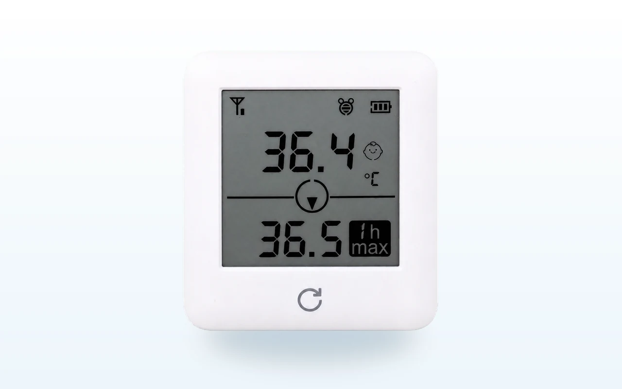 OnCorva bedside terminal, a standalone display showing the current body temperature and the one-hour maximum